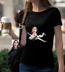 Kişiye Özel Bayan Kaptan Pilot Karikatürlü Siyah T-Shirt