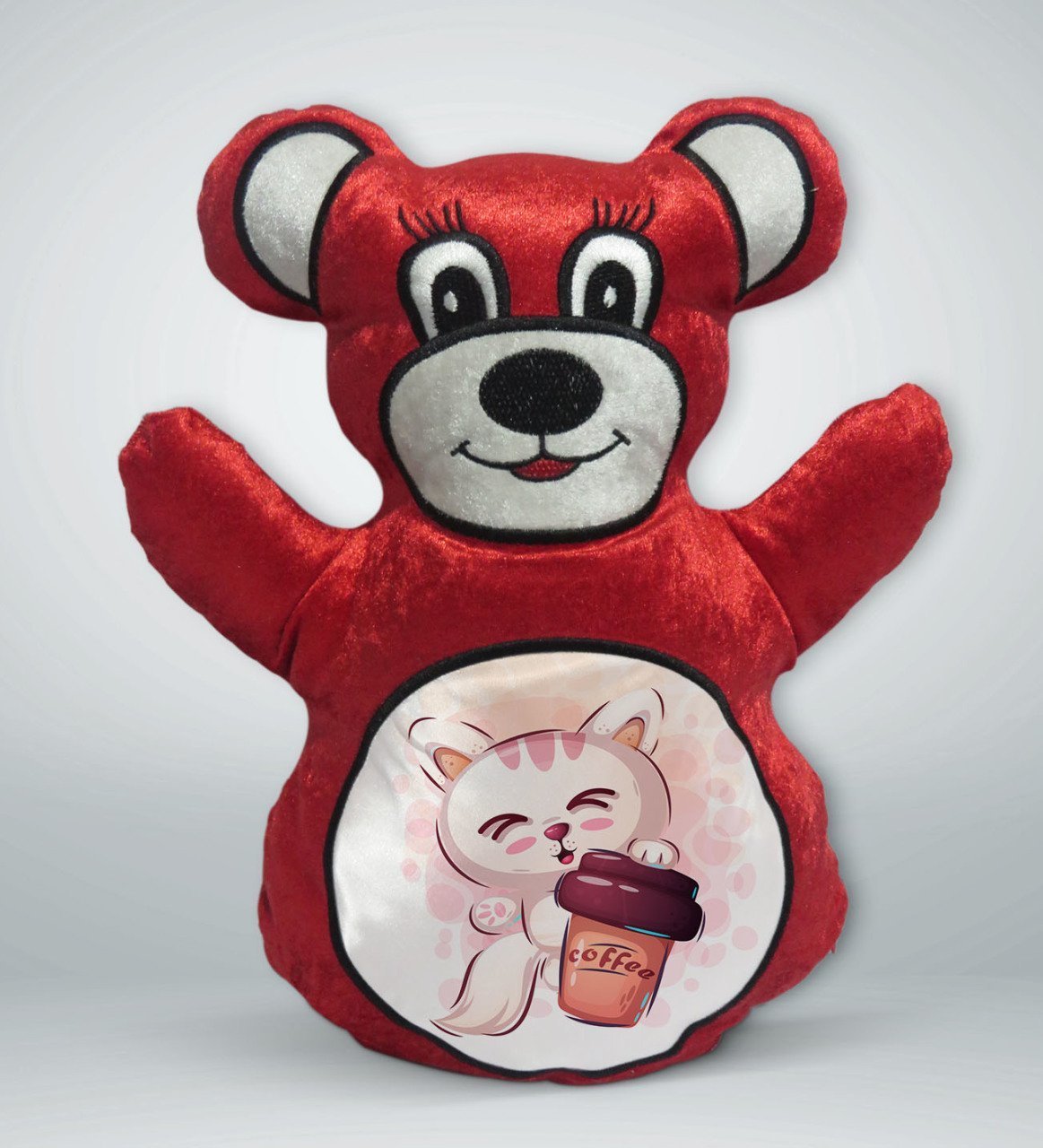 BK Gift Sevimli Kedi Tasarımlı Kırmızı Ayıcık Yastık-3