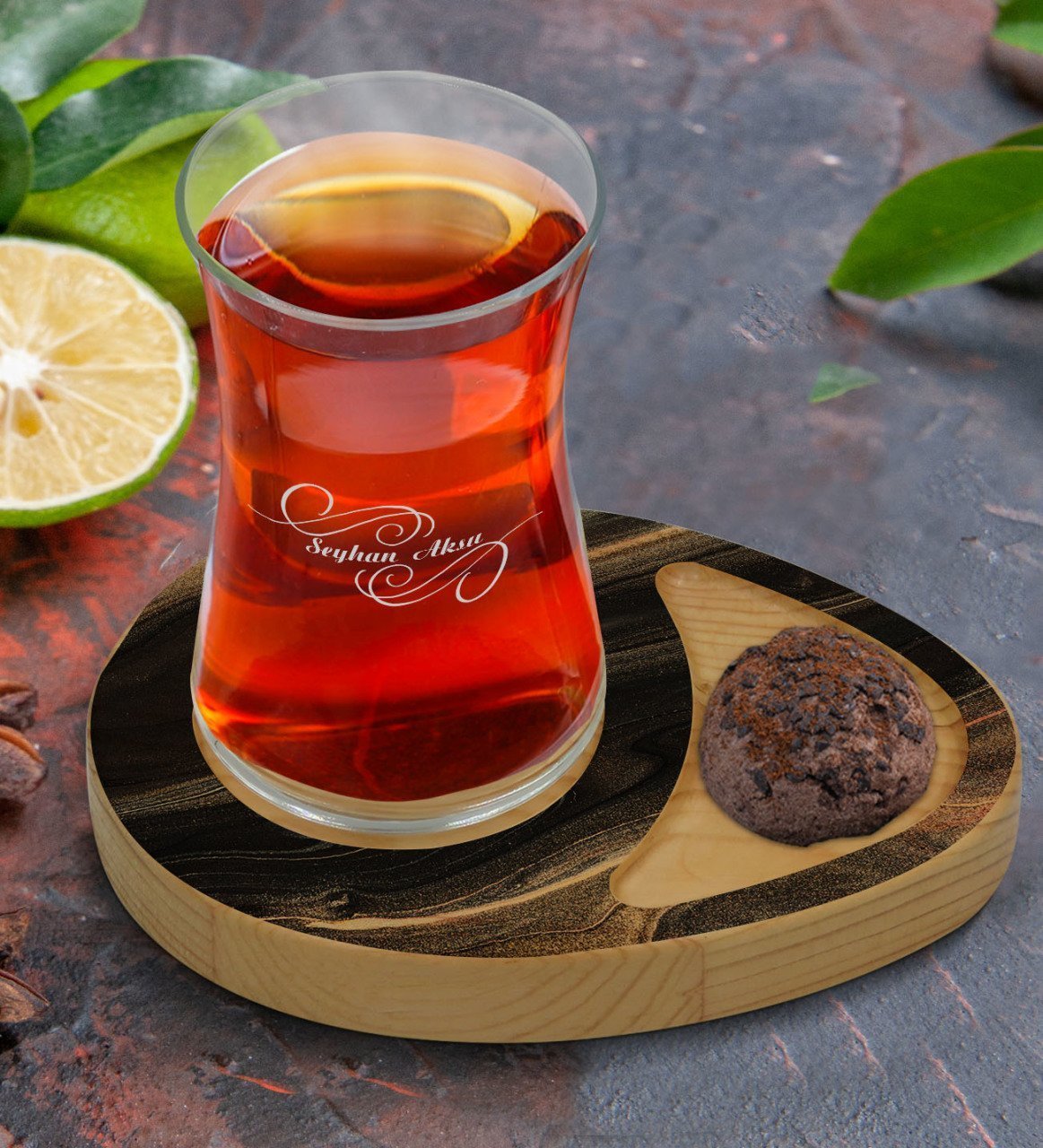 Kişiye Özel Mermer Tasarımlı Doğal Ahşap Tabaklı Heybeli Çay Bardağı Sunum Seti Model 8