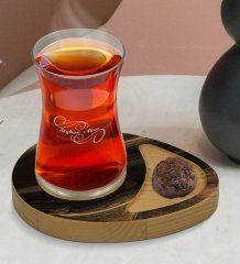 Kişiye Özel Mermer Tasarımlı Doğal Ahşap Tabaklı Heybeli Çay Bardağı Sunum Seti Model 8