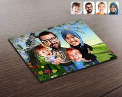 Kişiye Özel Tesettürlü Aile Karikatürlü Ahşap Puzzle-3