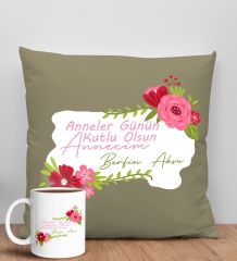 BK Gift Kişiye Özel İsimli Anneler Günü Tasarımlı Haki Kırlent Yastık ve Kupa Seti, Anneye Hediye, Ev Dekorasyonu, Anneler Günü Hediyesi-6