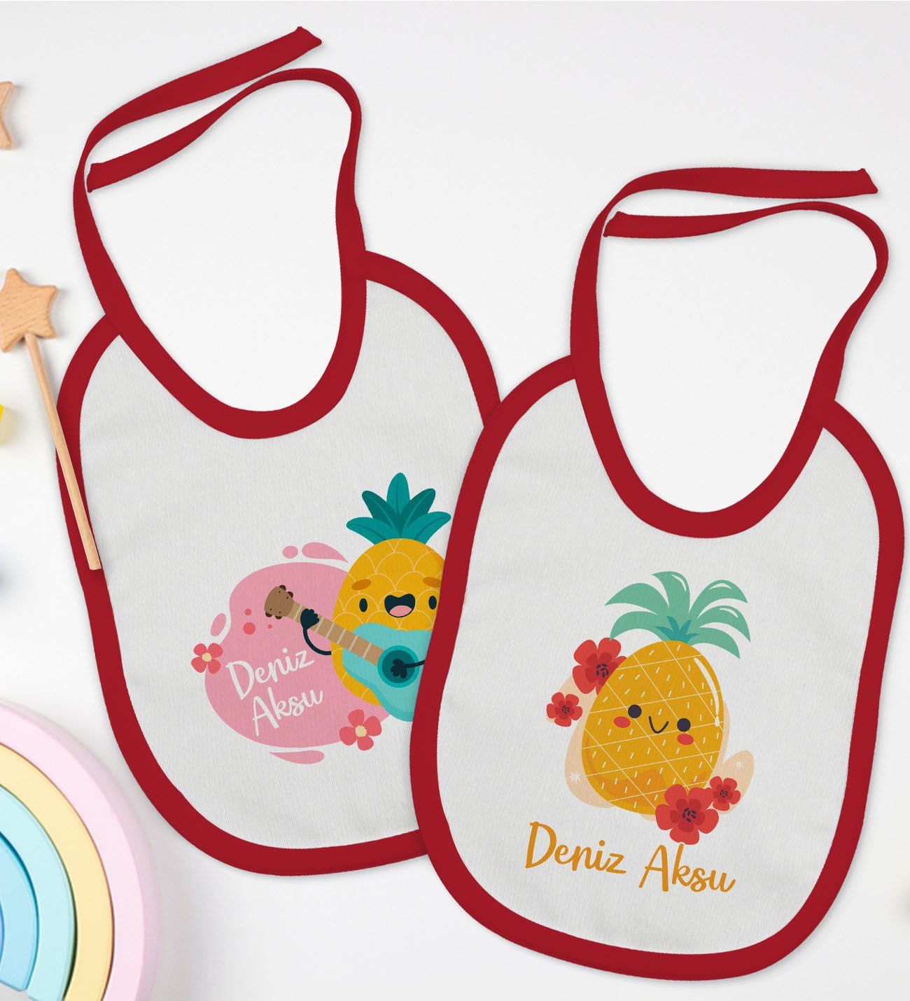 BK Kids Kişiye Özel Sevimli Ananas Tasarımlı 2’li Kırmızı Mama Önlüğü-1