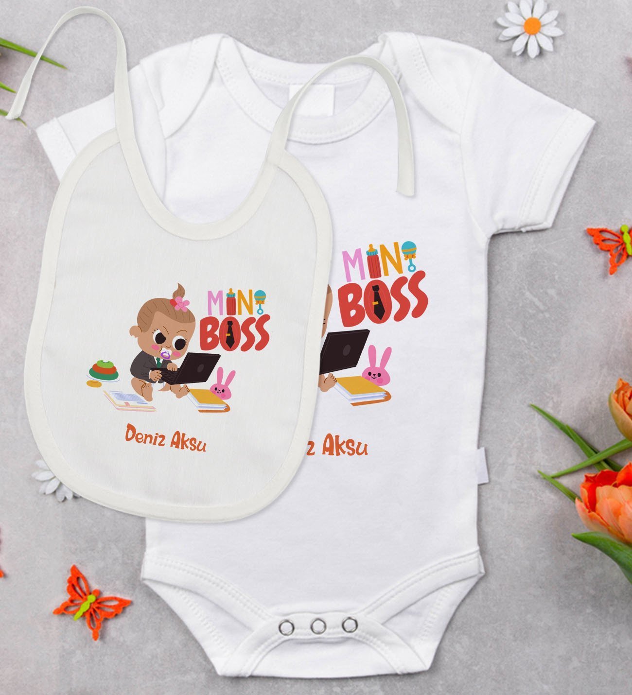 BK Kids Kişiye Özel Mini Boss Tasarımlı Bebek Body Zıbın ve Mama Önlüğü Hediye Seti - Model 1