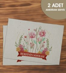 BK Gift Kişiye Özel Çiçek Tasarımlı 2’li Keten Amerikan Servis Seti-15, Ev Hediyesi,Baskılı Servis Bezi, Mutfak Dekoru