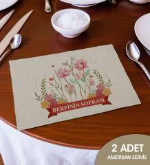 BK Gift Kişiye Özel Çiçek Tasarımlı 2’li Keten Amerikan Servis Seti-15, Ev Hediyesi,Baskılı Servis Bezi, Mutfak Dekoru