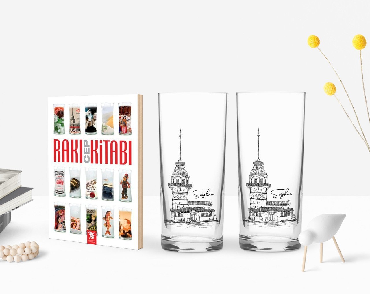 Kişiye Özel Renkli Baskılı Kız Kulesi Tasarımlı İkili Rakı Bardağı ve Rakı Cep Kitabı Hediye Seti-1