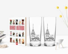 Kişiye Özel Renkli Baskılı Kız Kulesi Tasarımlı İkili Rakı Bardağı ve Rakı Cep Kitabı Hediye Seti-1