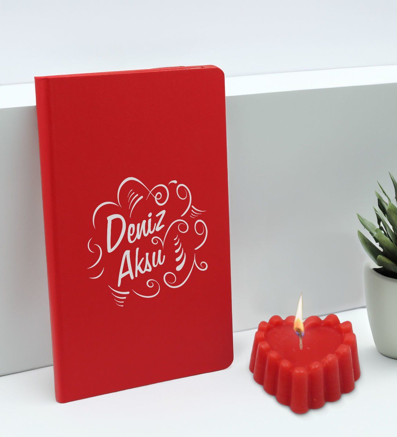 BK Gift Kişiye Özel İsimli Kırmızı Defter ve Kokulu Kalp Mum Hediye Seti-4, Sevgiliye Hediye, Arkadaşa Hediye