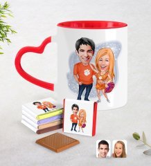 Kişiye Özel Sevgililer Karikatürlü Kırmızı Kalpli Kupa ve Çikolata Seti-54