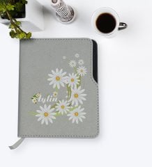 Kişiye Özel Papatya Temalı Gri Termo Deri Defter-1