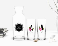 Kişiye Özel Renkli Baskılı Harf ve İsim Tasarımlı İkili Rakı Bardağı ve Karaf Hediye Seti-4