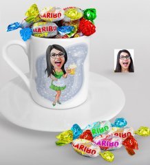 Kişiye Özel Bayan Karikatürlü Türk Kahvesi Fincanı ve Haribo Şeker Hediye Seti-30