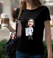 Kişiye Özel Bayan Göz Doktoru Karikatürlü Siyah T-Shirt
