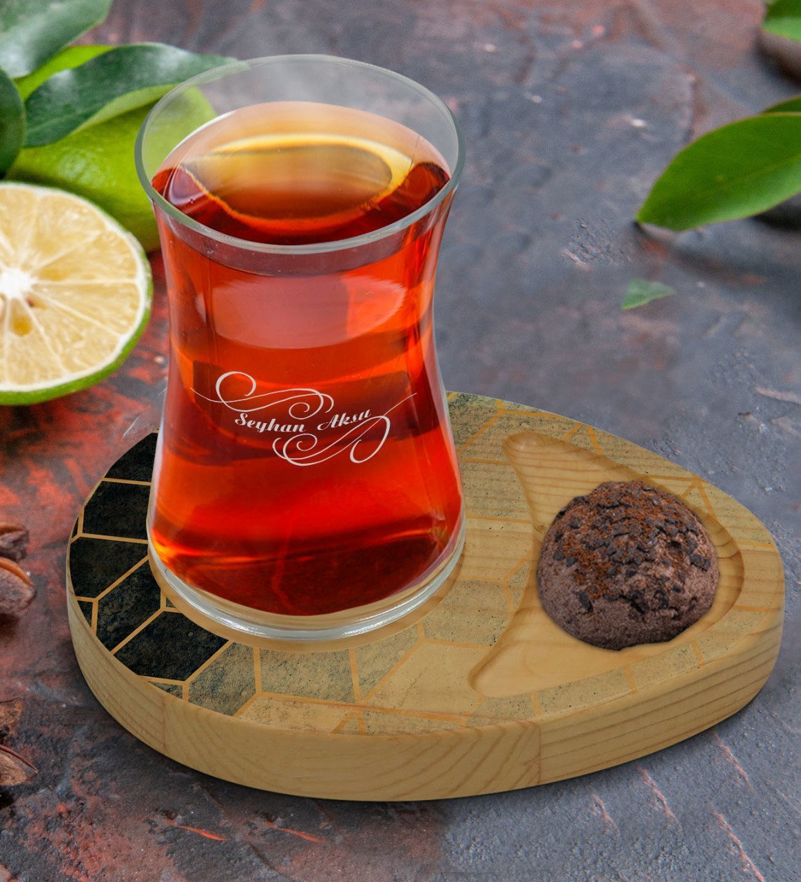 Kişiye Özel Mermer Tasarımlı Doğal Ahşap Tabaklı Heybeli Çay Bardağı Sunum Seti Model 7