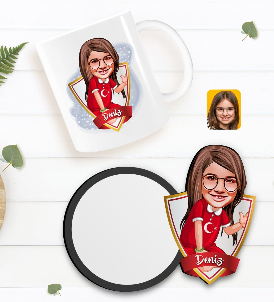 Kişiye Özel Kız Çocuk Karikatürlü Beyaz Kupa ve Ahşap Bardak Altlığı Hediye Seti-2
