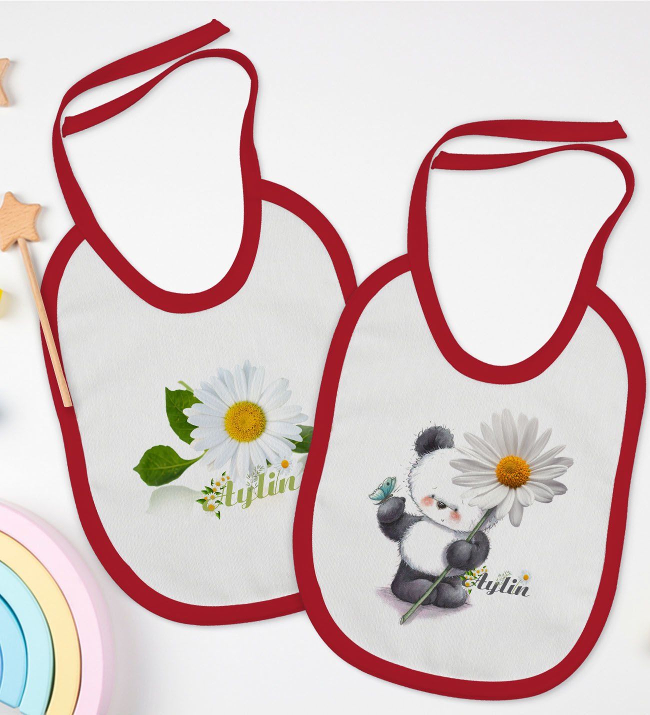 BK Kids Kişiye Özel Papatya Temalı 2’li Kırmızı Mama Önlüğü-2