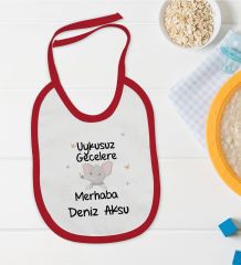 BK Kids Kişiye Özel Uykusuz Gecelere Merhaba Tasarımlı Kırmızı Bebek Mama Önlüğü-1