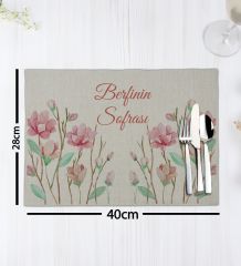 BK Gift Kişiye Özel Çiçek Tasarımlı 2’li Keten Amerikan Servis Seti-14, Ev Hediyesi,Baskılı Servis Bezi, Mutfak Dekoru