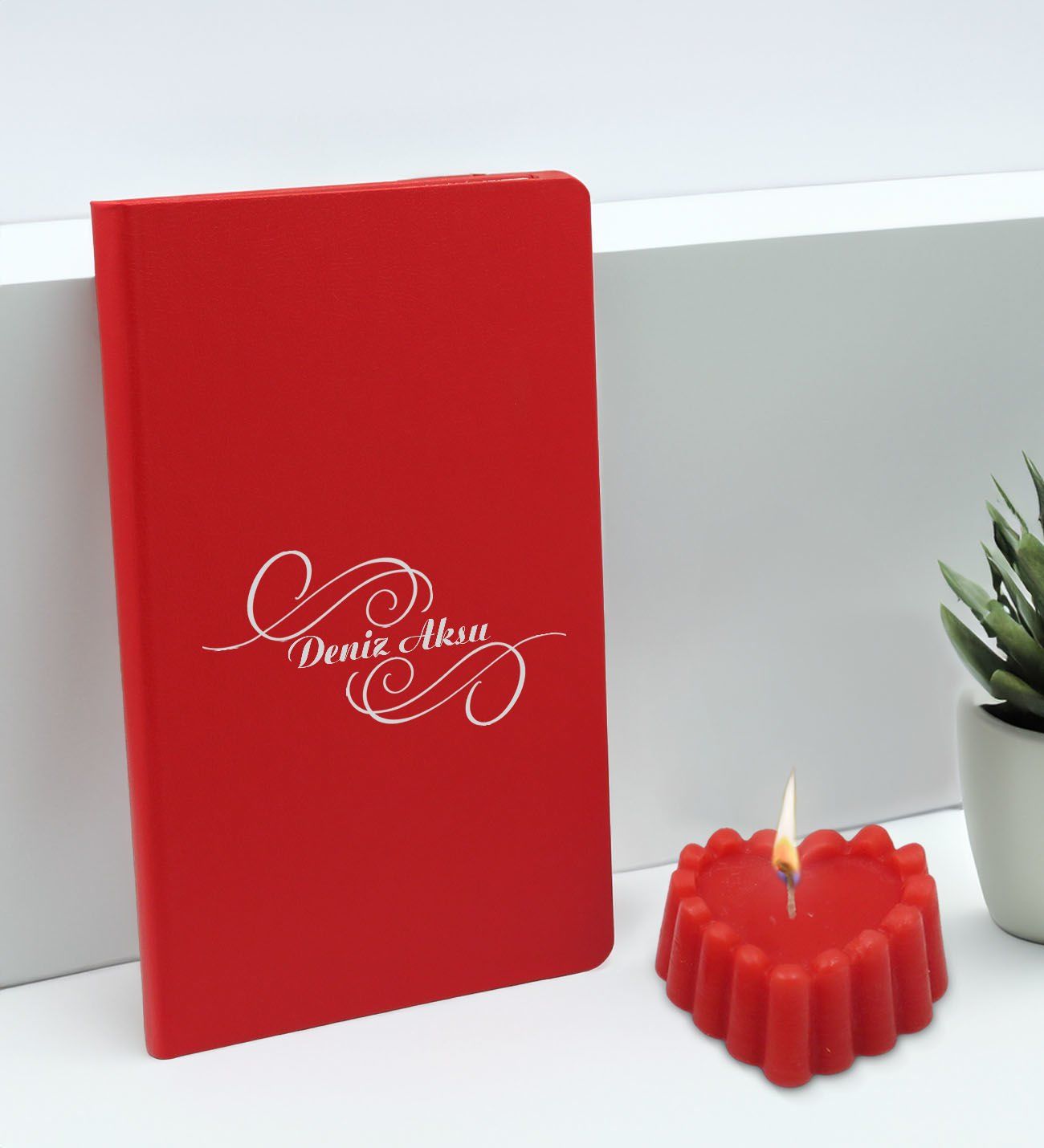 BK Gift Kişiye Özel İsimli Kırmızı Defter ve Kokulu Kalp Mum Hediye Seti-3, Sevgiliye Hediye, Arkadaşa Hediye