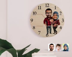 Kişiye Özel Tesettürlü Aile Karikatürlü Otantik Ahşap Palet Saat-2