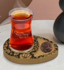 Kişiye Özel Mermer Tasarımlı Doğal Ahşap Tabaklı Heybeli Çay Bardağı Sunum Seti Model 6