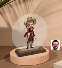 Kişiye Özel Kovboy Karikatürlü Yuvarlak Ahşap Standlı Biblo-1