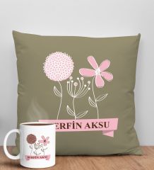 BK Gift Kişiye Özel İsimli Anneler Günü Tasarımlı Haki Kırlent Yastık ve Kupa Seti, Anneye Hediye, Ev Dekorasyonu, Anneler Günü Hediyesi-4