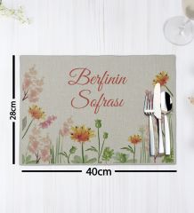 BK Gift Kişiye Özel Çiçek Tasarımlı 2’li Keten Amerikan Servis Seti-13, Ev Hediyesi,Baskılı Servis Bezi, Mutfak Dekoru