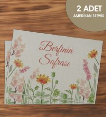 BK Gift Kişiye Özel Çiçek Tasarımlı 2’li Keten Amerikan Servis Seti-13, Ev Hediyesi,Baskılı Servis Bezi, Mutfak Dekoru