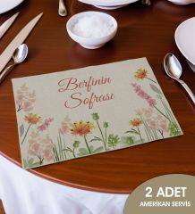BK Gift Kişiye Özel Çiçek Tasarımlı 2’li Keten Amerikan Servis Seti-13, Ev Hediyesi,Baskılı Servis Bezi, Mutfak Dekoru