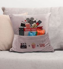 BK Gift Eğlenceli Tasarımlı Organizer Kumanda ve Atıştırmalık Cepli Pembe Kırlent Yastık- 11, Ev Dekoru, Ev Hediyesi