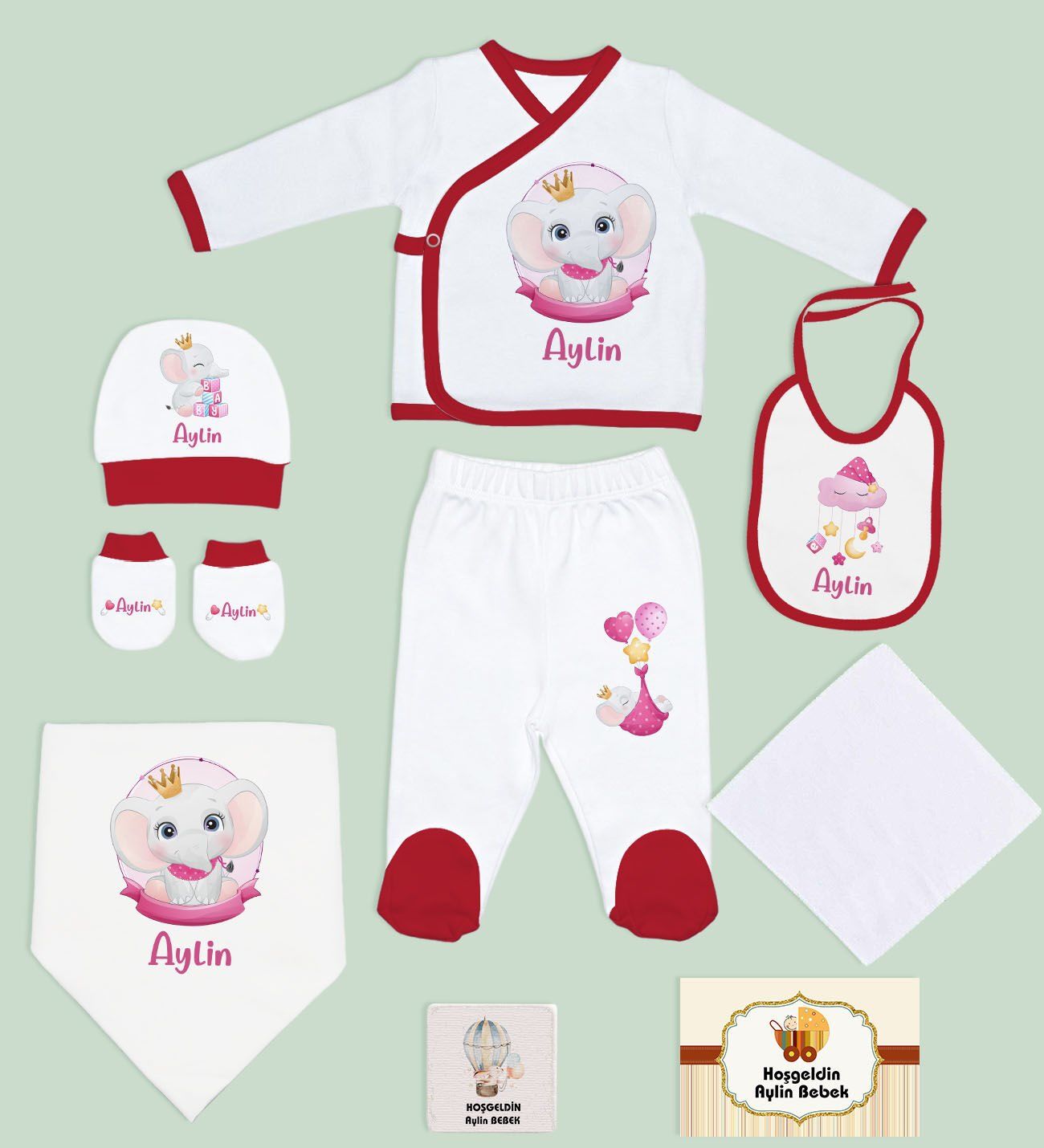 BK Kids Kişiye Özel 9 Parça Kırmızı Hastane Çıkışı ve Battaniye Hediye Seti, Yeni Doğan Bebek Giyim Hediyesi-8