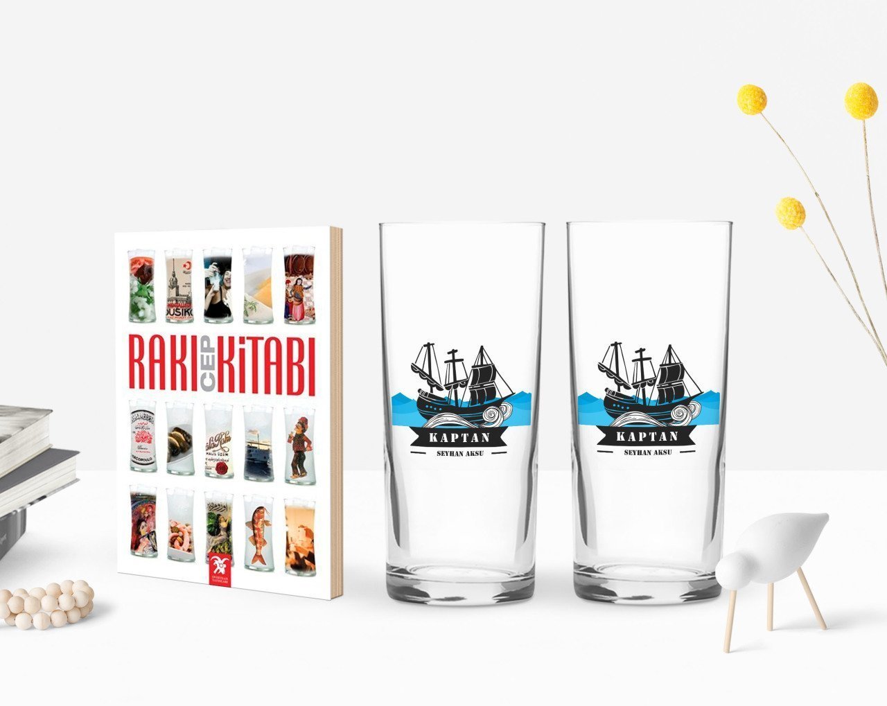 Kişiye Özel Renkli Baskılı Kaptan Tasarımlı İkili Rakı Bardağı ve Rakı Cep Kitabı Hediye Seti-8