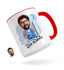 Kişiye Özel Erkek Diş Hekimi Karikatürlü Kırmızı Kupa Bardak-2