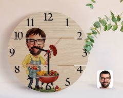 Kişiye Özel Erkek Mangalcı Karikatürlü Otantik Ahşap Palet Saat-1