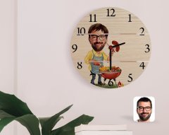 Kişiye Özel Erkek Mangalcı Karikatürlü Otantik Ahşap Palet Saat-1