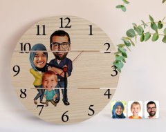 Kişiye Özel Tesettürlü Aile Karikatürlü Otantik Ahşap Palet Saat-1