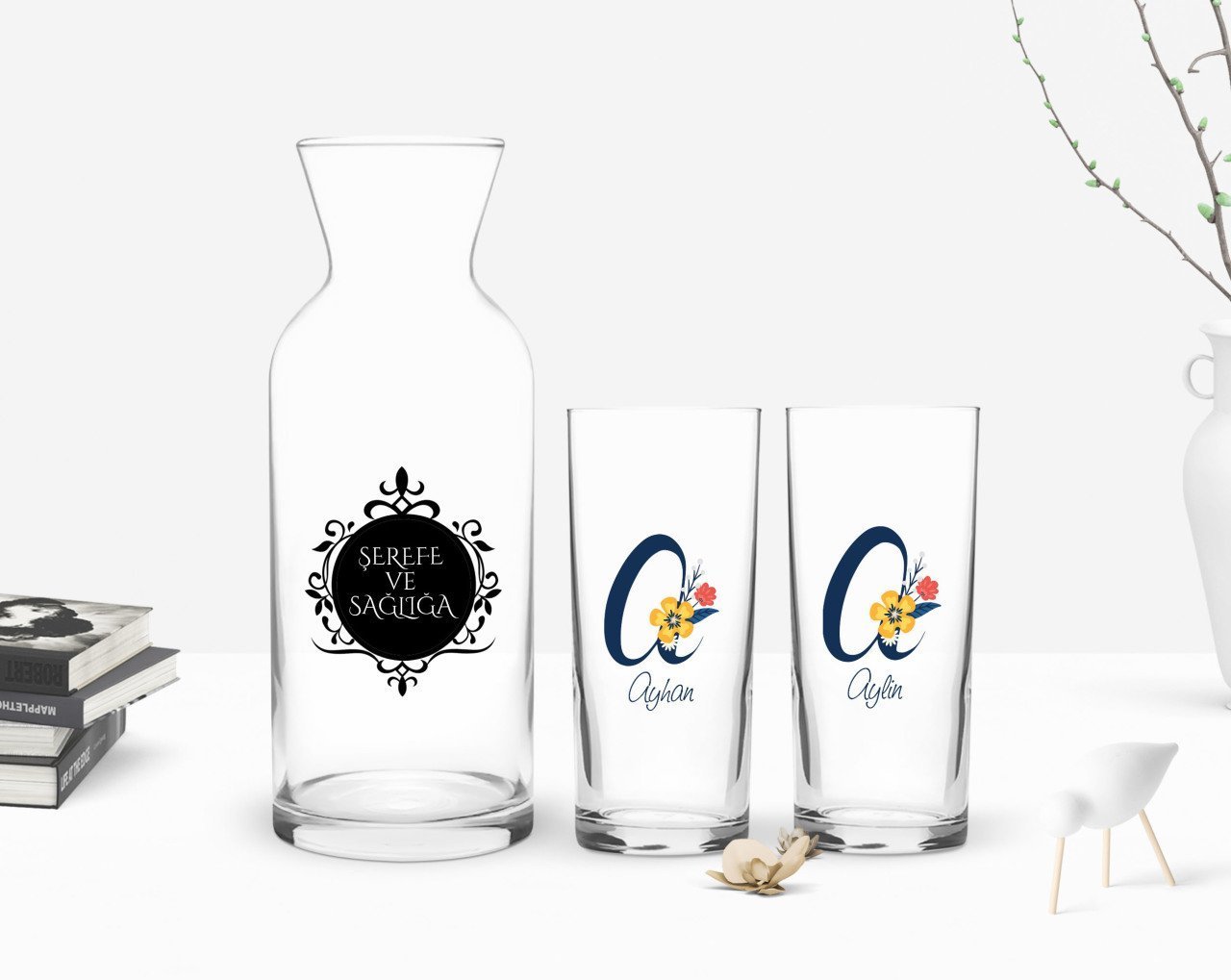 Kişiye Özel Renkli Baskılı Harf ve İsim Tasarımlı İkili Rakı Bardağı ve Karaf Hediye Seti-2