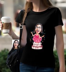 Kişiye Özel Bayan Doğum Günü Karikatürlü Siyah T-Shirt
