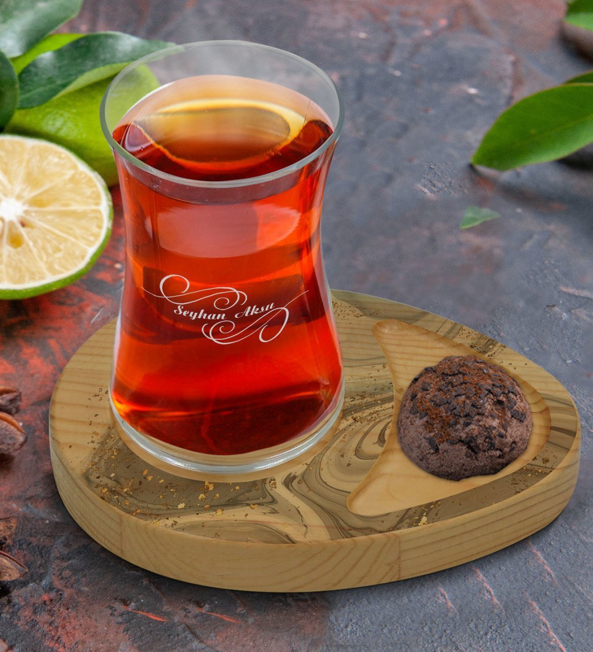 Kişiye Özel Mermer Tasarımlı Doğal Ahşap Tabaklı Heybeli Çay Bardağı Sunum Seti Model 5