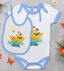 BK Kids Kişiye Özel Sevimli Kaptan Tasarımlı Mavi Bebek Body Zıbın ve Mama Önlüğü Hediye Seti
