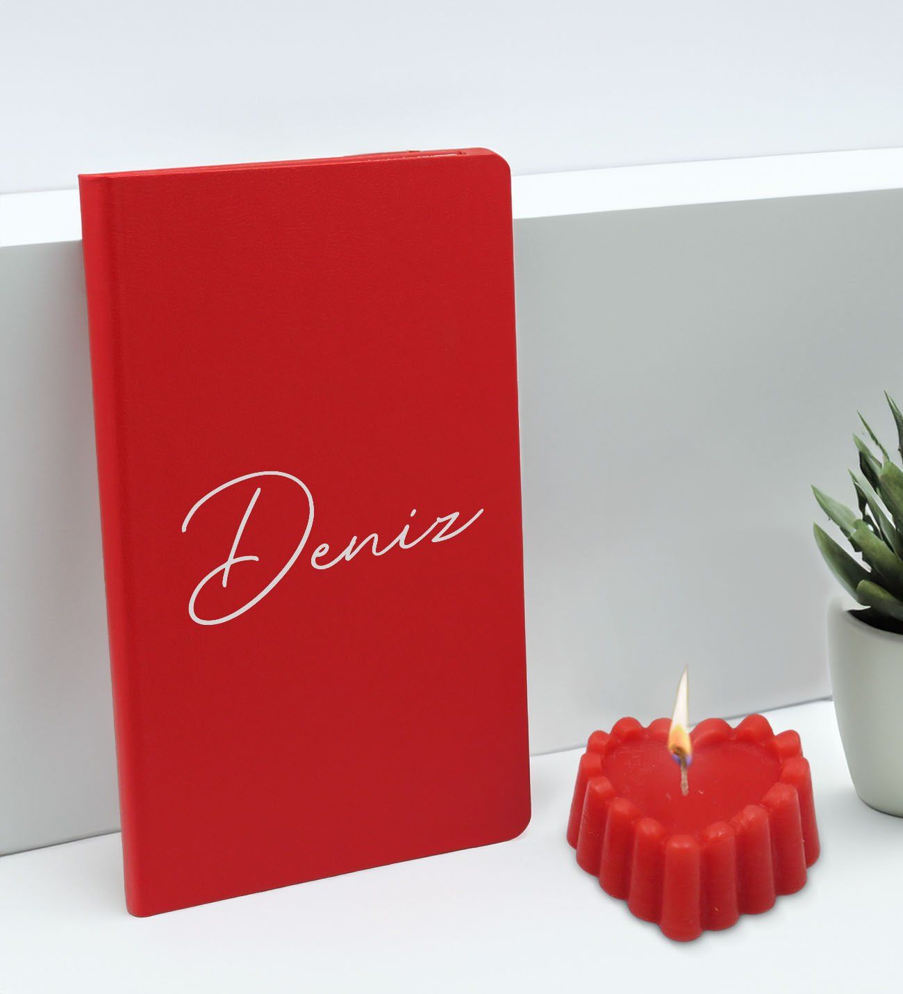 BK Gift Kişiye Özel İsimli Kırmızı Defter ve Kokulu Kalp Mum Hediye Seti-1, Sevgiliye Hediye, Arkadaşa Hediye