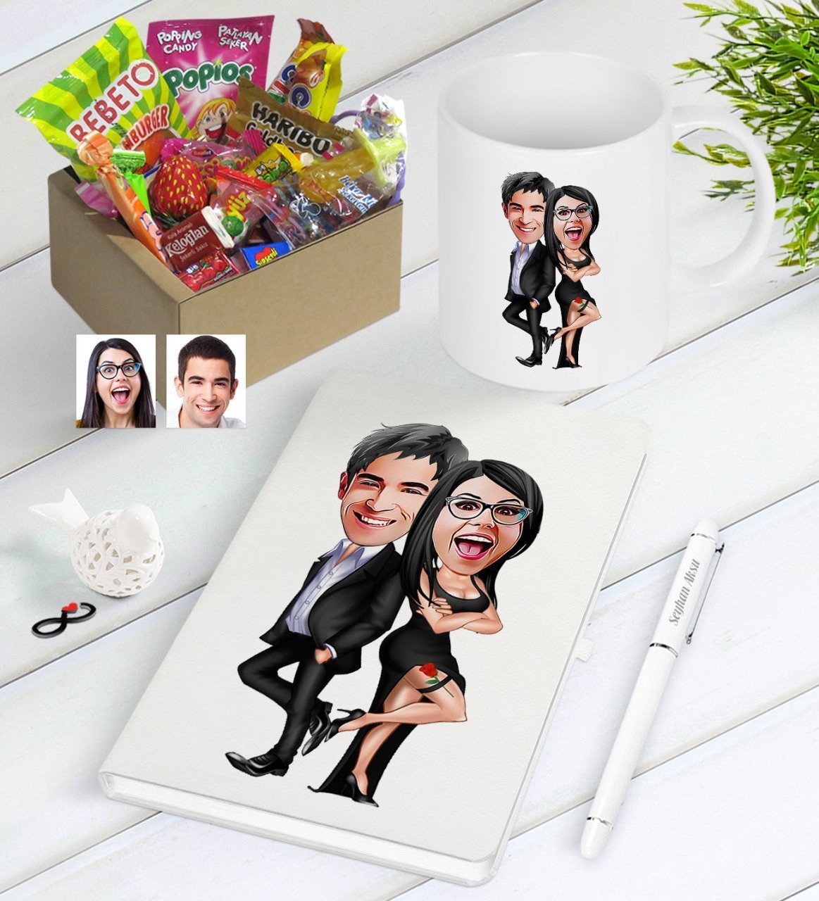 Kişiye Özel Sevgililer Karikatürlü Nostaljik Lezzetler Defter Kalem Kupa Hediye Seti-6