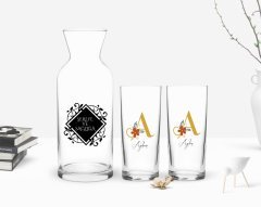 Kişiye Özel Renkli Baskılı Harf ve İsim Tasarımlı İkili Rakı Bardağı ve Karaf Hediye Seti-1