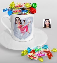 Kişiye Özel Bayan Karikatürlü Türk Kahvesi Fincanı ve Haribo Şeker Hediye Seti-22