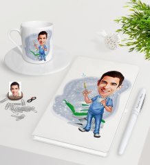 Kişiye Özel Erkek Diş Hekimi Karikatürlü Beyaz Defter Kalem Türk Kahvesi Fincanı Seti-4