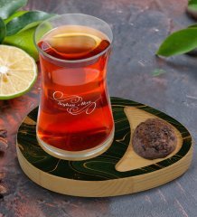 Kişiye Özel Mermer Tasarımlı Doğal Ahşap Tabaklı Heybeli Çay Bardağı Sunum Seti Model 4