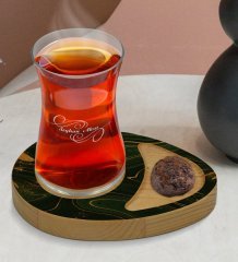 Kişiye Özel Mermer Tasarımlı Doğal Ahşap Tabaklı Heybeli Çay Bardağı Sunum Seti Model 4