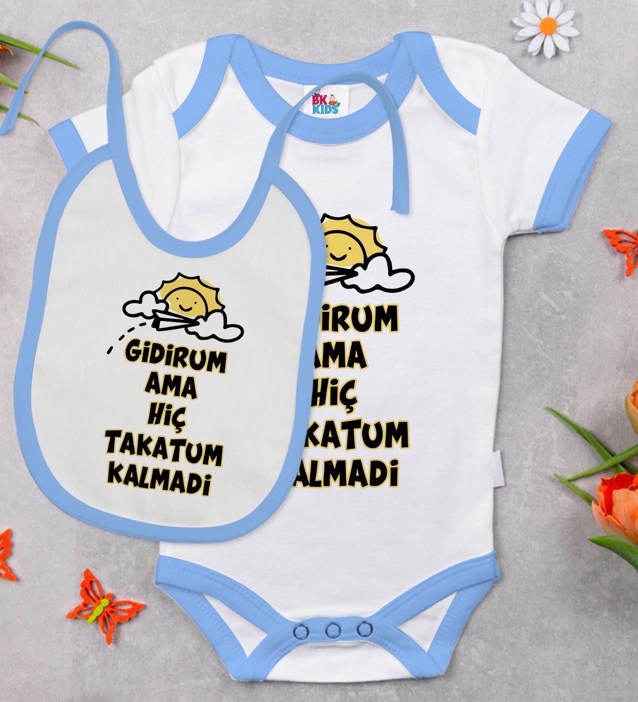 BK Kids Takatum Kalmadı Tasarımlı Mavi Bebek Body Zıbın ve Mama Önlüğü Hediye Seti-1